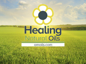 field, sunrise and blue sky with healing natural oils logo