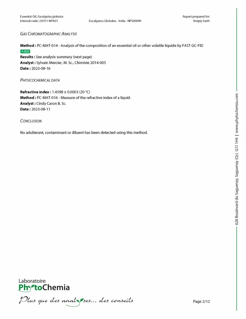 GC/MS report for Eucalyptus Globulus essential oil